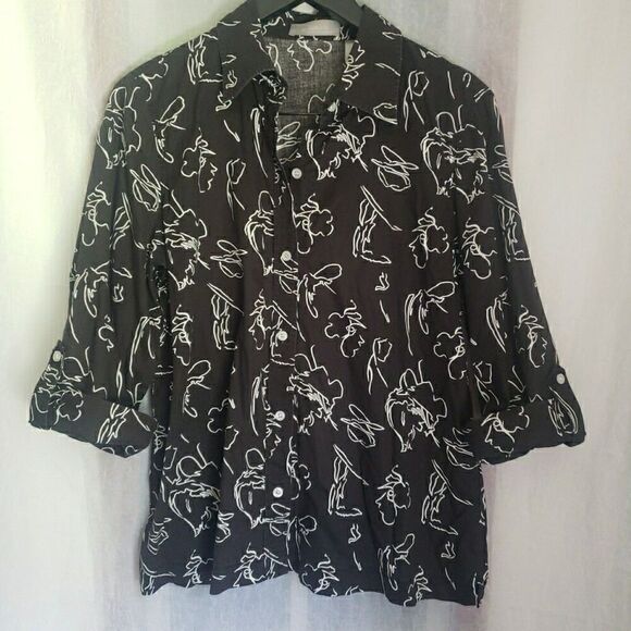 Liz Claiborne Black White Roll-Tab Short Sleeve Button Top Women's Size L Casual - Picture 1 of 10
